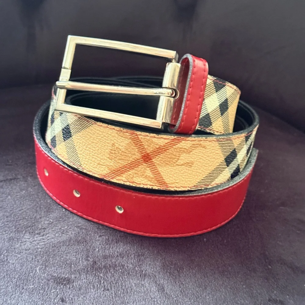 Burberry Red Trim Vintage Check Leather Belt with Silver Buckle